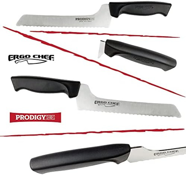 Ergo Chef Prodigy Series 8-Inch Serrated Offset Bread And Deli Knife High Carbon Stainless Steel Bread Slicer Ergonomic Comfort-Grip Handle (Black)