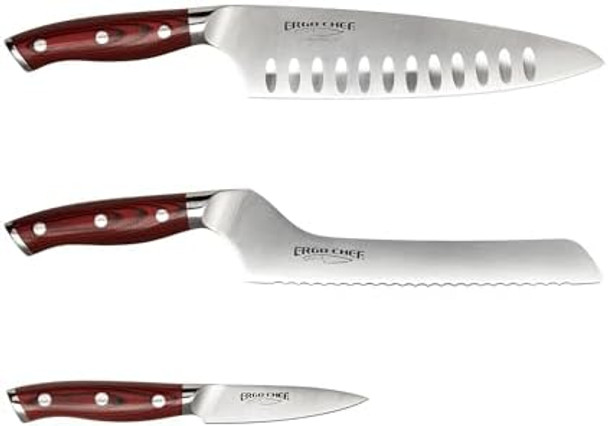 Ergo Chef 3-Piece Crimson Series Knife Set: 8" Chef'S Knife 8" Offset Bread Knife & 3.5" Paring Knife - Forged High Carbon X50Crmov15 German Stainless Steel With Ergonomic G10 Handle