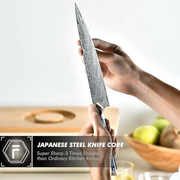 Fanteck Chef Knife 8 Inchdamascus Japanese Professional High Carbon 67-Layers Vg10 Kitchen Cooking Knifesuper Sharp Stainless Steel Chef Knives With Full Tang Abalone Shell Handle-Walnut Wood Cover