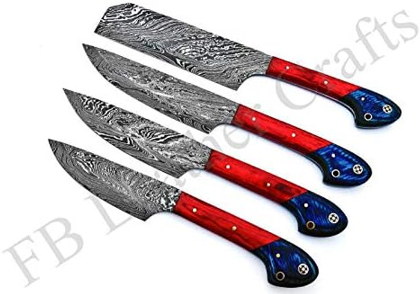 Hand Forged Custom Made Damascus Steel Kitchen Knives Set/Chef Knives Set/Bbq Knife 4-Pieces Set Fbk-01041 01043 01052 01055 01058 01062 And 01063 (Red & Blue Colored Wood)