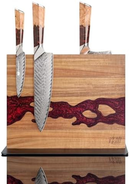Findking Magnetic Knife Block Double Sided Holder Powerful Magnet Kitchen Storage Acacia Wood And Red Resin (12 X 10 Inches Without Knives)