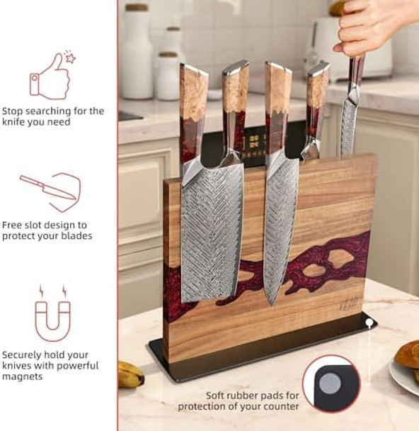Findking Magnetic Knife Block Double Sided Holder Powerful Magnet Kitchen Storage Acacia Wood And Red Resin (12 X 10 Inches Without Knives)