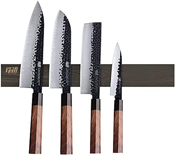 Findking 4Pcs Knife Set Dynasty Series-3 Layer 9Cr18Mov Clad Steel W/Octagon Handle Chef'S Knife With 18'' Acacia Wood Magnetic Knife Strip
