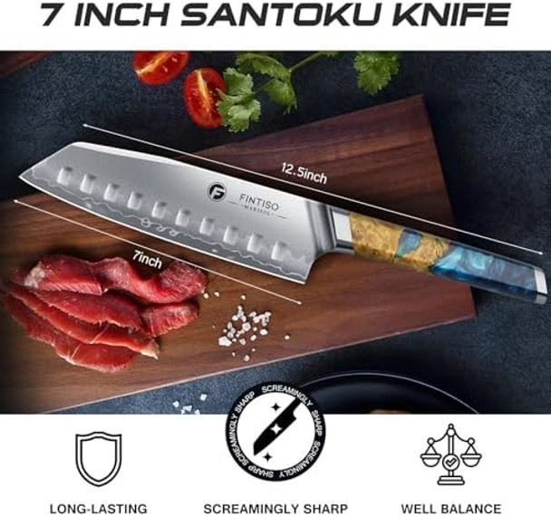 Santoku Knife 7 Inch S35Vn Powder Steel Core Vegetable Knife 67-Layer Japanese Damascus Steel Chef Knife