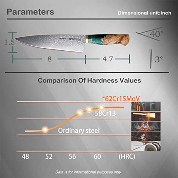 Damascus Chef Knife 8” - Japanese Aus-10 Steel - 67 Layers - Resin & Stabilized Wood Handle…