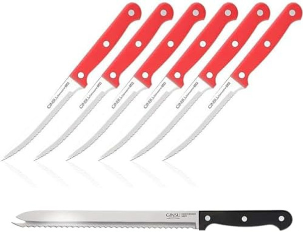 Ginsu Kiso 6-Piece Purple Steak Knife Set With Original Slicer - Dishwasher Safe And Always Sharp Ginsu Kiso 6-Piece Purple Steak Knife Set With Original Slicer - Dishwasher Safe And Always Sharp