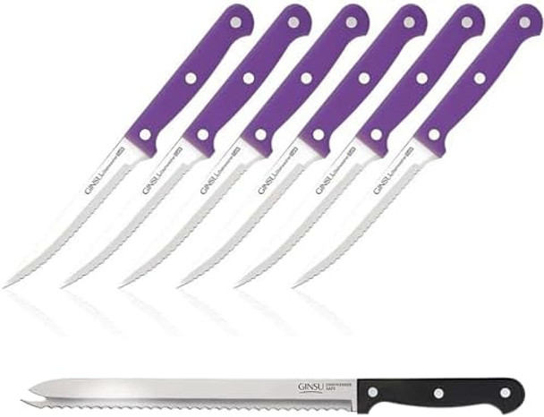 Ginsu Kiso 6-Piece Purple Steak Knife Set With Original Slicer - Dishwasher Safe And Always Sharp Ginsu Kiso 6-Piece Purple Steak Knife Set With Original Slicer - Dishwasher Safe And Always Sharp