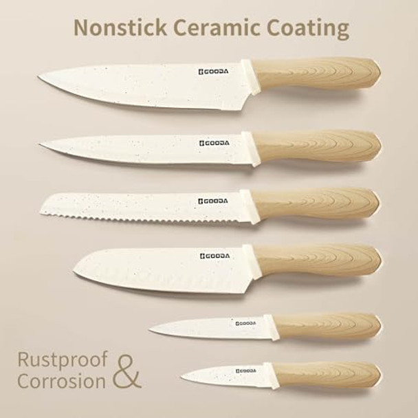 Gooda 12Pcs Knife Set With Coversnonstick Ceramic Coating Kitchen Knives Setstainless Steel Blade With Guards Essential Knife Set For Kitchenwhite