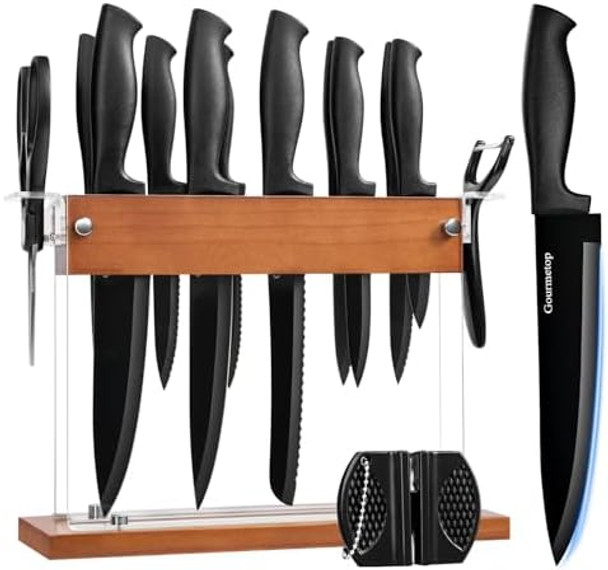 Knife Set Black Kitchen Knife Set With Block Premium Quality 15-Piece Knives Set For Kitchen With Innovative Acrylic Wood Holder Sharp Cooking Knife Set With Sharpener & 6 Steak Knives