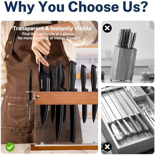Knife Set Black Kitchen Knife Set With Block Premium Quality 15-Piece Knives Set For Kitchen With Innovative Acrylic Wood Holder Sharp Cooking Knife Set With Sharpener & 6 Steak Knives