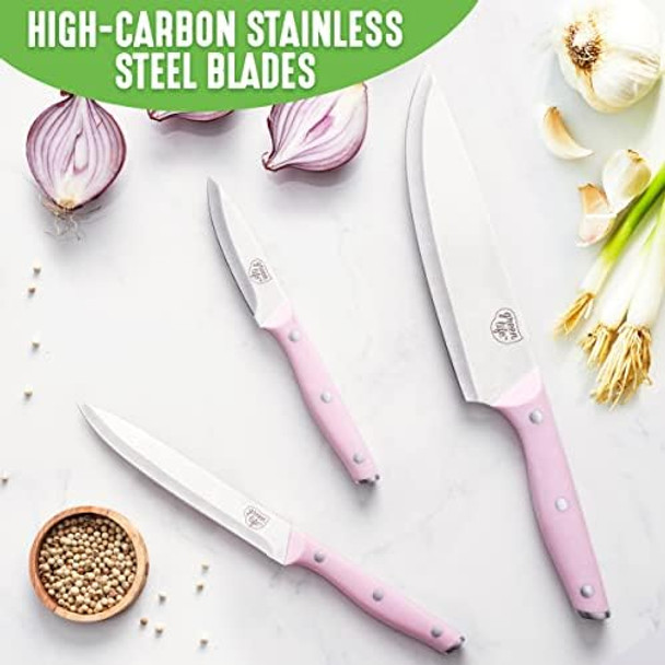 Greenlife High Carbon Stainless Steel 3 Piece Knife Set With Covers Includes Chef Utility And Pairing Comfort Grip Handlestriple Rivet Cutlery Soft Pink