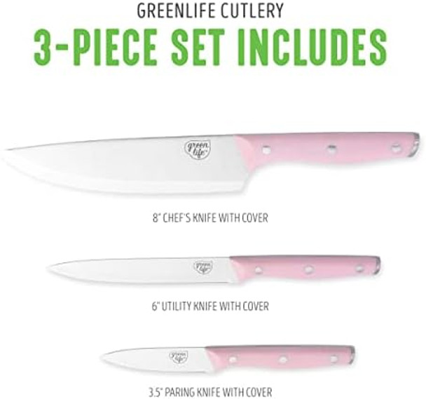 Greenlife High Carbon Stainless Steel 3 Piece Knife Set With Covers Includes Chef Utility And Pairing Comfort Grip Handlestriple Rivet Cutlery Soft Pink