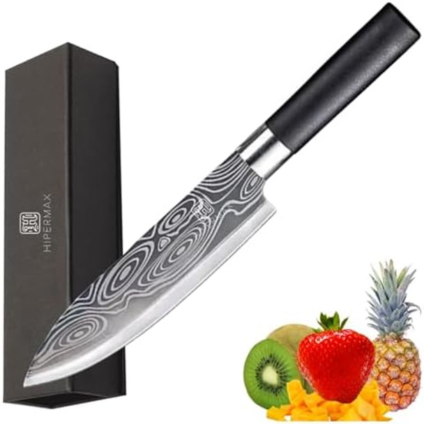 Hipermax Kitchen Knife Professional Multi-Purpose 7 Inch Damascus Model Sharpened Stainless Steel With Black Ergonomic Plastic Handle For Cutting Food Deluxe Box