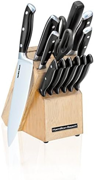 Hamilton Beach 14-Piece Kitchen Knife Cutlery Set With Wood Block Modern White Handles Sharp Stainless Steel Chef'S Santoku Carving Utility Paring Steak Knives And Scissors