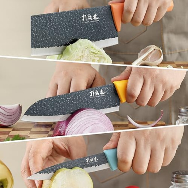 3Pcs Kitchen Knives Hia Stainless Steel Chef Knife Set Includes 7 Inch Chef Knife 7 Inch Cleaver Knife And 4.5 Inch Boning Knife Ultra Sharp Blade With Ergonomic Abs Handle (Blue Yellow Orange)