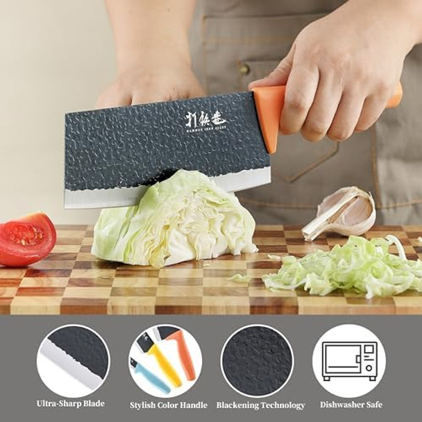 3Pcs Kitchen Knives Hia Stainless Steel Chef Knife Set Includes 7 Inch Chef Knife 7 Inch Cleaver Knife And 4.5 Inch Boning Knife Ultra Sharp Blade With Ergonomic Abs Handle (Blue Yellow Orange)