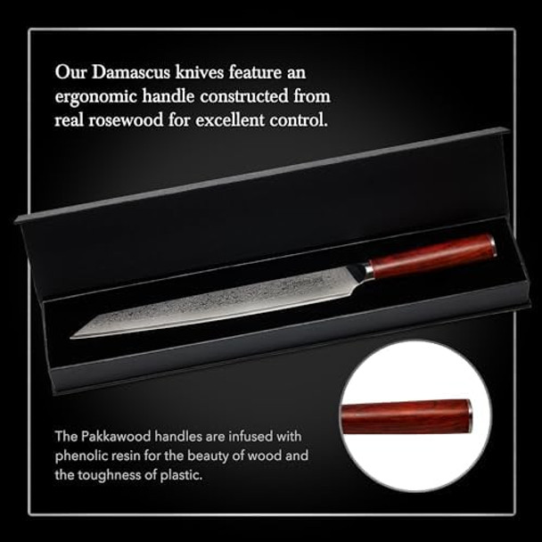 Hammer Stahl 10 Inch Damascus Slicer Meat Cutting & Bbq Knife With Rosewood Handle Carving Japanese Forged 67-Layer Aus10 Steel Full-Tang Japanese Style Slicing With Box