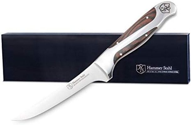 Hammer Stahl 6 Inch Boning Knife German Forged High Carbon Steel Fillet Knife Kitchen Knife For Boning Filleting & Trimming Butcher Knife With Ergonomic Quad-Tang Pakkawood Handle & Box
