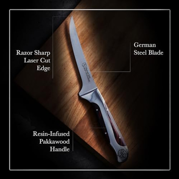 Hammer Stahl 6 Inch Boning Knife German Forged High Carbon Steel Fillet Knife Kitchen Knife For Boning Filleting & Trimming Butcher Knife With Ergonomic Quad-Tang Pakkawood Handle & Box