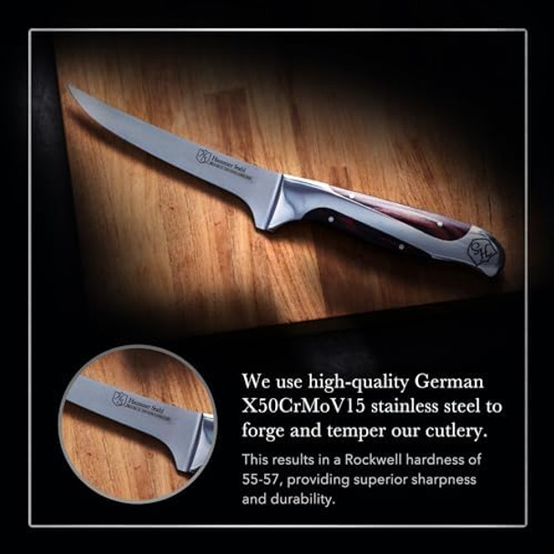 Hammer Stahl 6 Inch Boning Knife German Forged High Carbon Steel Fillet Knife Kitchen Knife For Boning Filleting & Trimming Butcher Knife With Ergonomic Quad-Tang Pakkawood Handle & Box