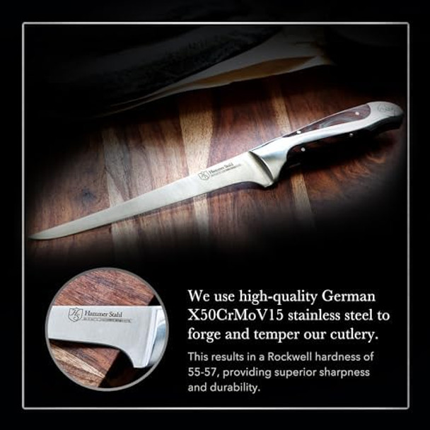 Hammer Stahl 9-Inch Fillet Knife German Forged High Carbon Steel Fishing Blade For Filleting Boning Trimming & Slicing Ergonomic Quad-Tang Pakkawood Handle & Box