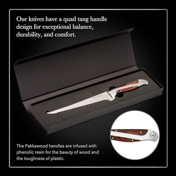 Hammer Stahl 9-Inch Fillet Knife German Forged High Carbon Steel Fishing Blade For Filleting Boning Trimming & Slicing Ergonomic Quad-Tang Pakkawood Handle & Box