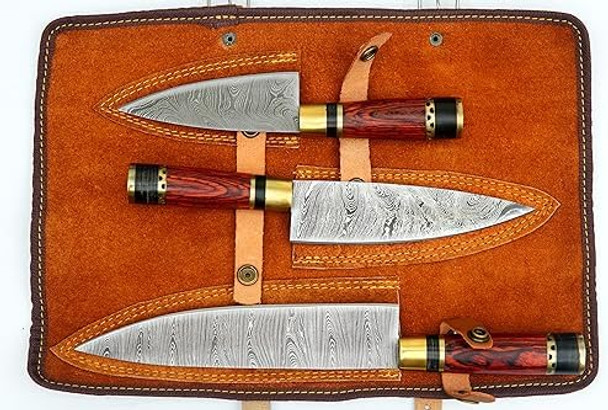 Kitchen Knife Set Damascus Hunting Knife 3Pcs Of Professional Chef Kitchen Set Knives With Leather Sheath Campimg Knife