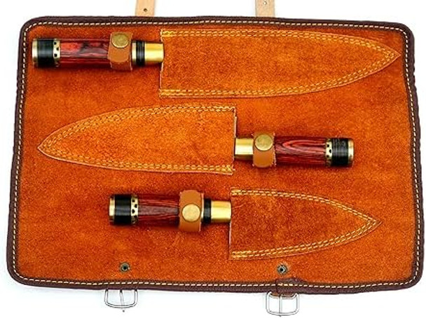 Kitchen Knife Set Damascus Hunting Knife 3Pcs Of Professional Chef Kitchen Set Knives With Leather Sheath Campimg Knife