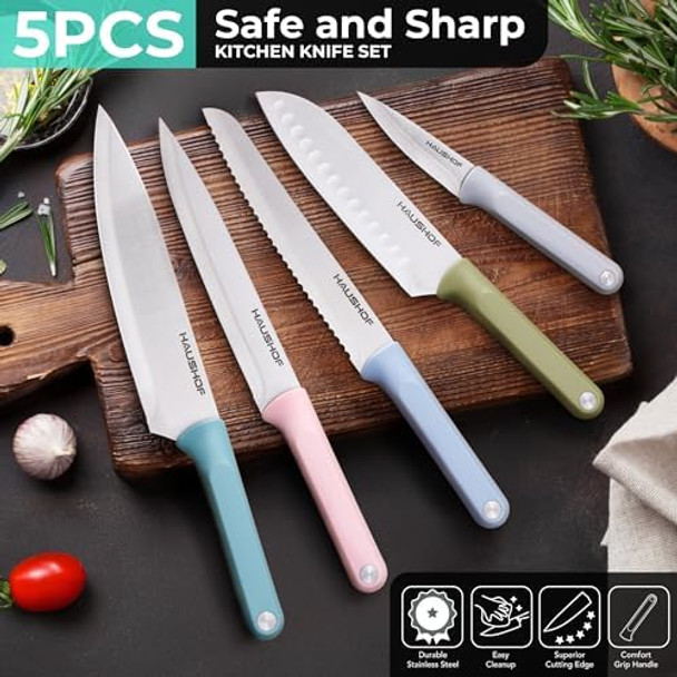 Haushof Kitchen Knife Set 5 Pcs Colorful Kitchen Knives With Sheaths Non-Stick Coated Stainless Steel Blades For Slicing Dicing&Cutting s Knife Set With Ergonomic Handle For Dad Mom And Wife