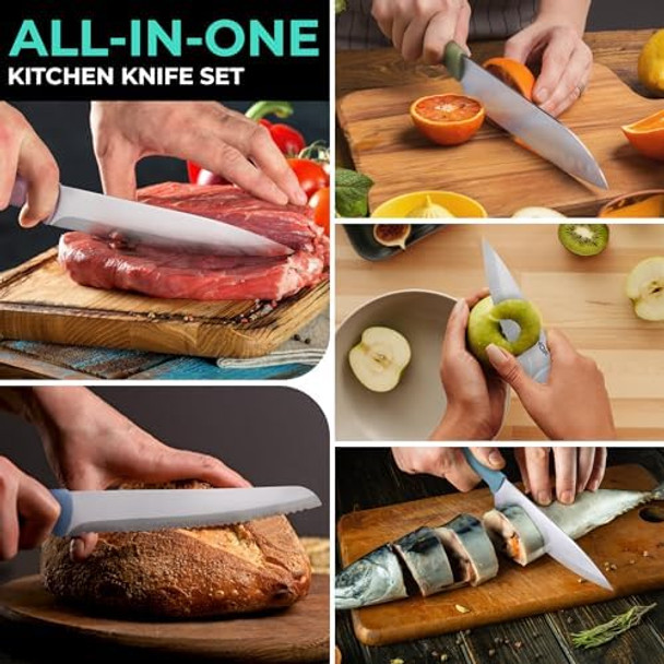 Haushof Kitchen Knife Set 5 Pcs Colorful Kitchen Knives With Sheaths Non-Stick Coated Stainless Steel Blades For Slicing Dicing&Cutting s Knife Set With Ergonomic Handle For Dad Mom And Wife