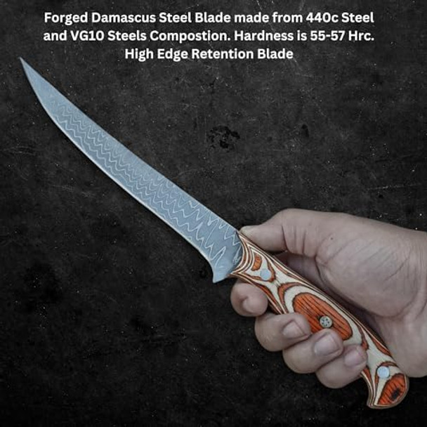 Handmade Fillet Knife For Fish Filleting - Stainless Steel Damascus Boning Knife - 8 In Thin Sharp Rust Proof Blade For Boning With Sheath