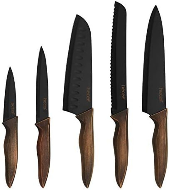 Hecef Vintage Kitchen Knife Set Stainless Steel Non-Stick Black Coated Knives With Extra Sheaths Includes Chef Bread Santoku Utility And Paring Knife