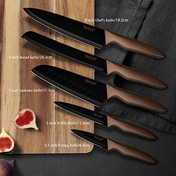 Hecef Vintage Kitchen Knife Set Stainless Steel Non-Stick Black Coated Knives With Extra Sheaths Includes Chef Bread Santoku Utility And Paring Knife
