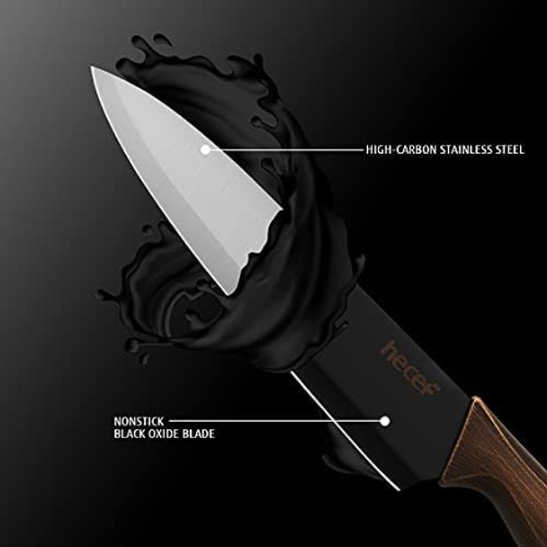 Hecef Vintage Kitchen Knife Set Stainless Steel Non-Stick Black Coated Knives With Extra Sheaths Includes Chef Bread Santoku Utility And Paring Knife