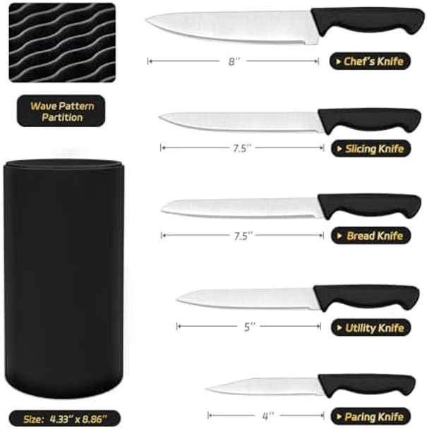 Knife Set 6-Piece Premium Kitchen Knife Set For Home Chefs Sharp Stainless Steel Knives With Ergonomic Handles And Stylish Block Durable & Easy Clean Black