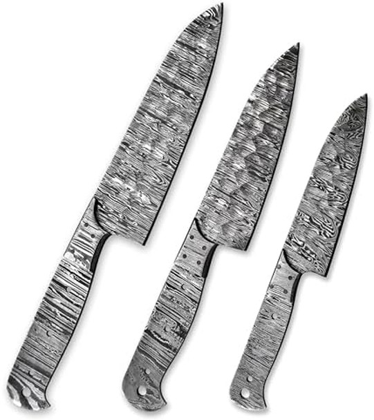 Custom 3Pcs Set Of Chef Knife - Kitchen Knife Hand Forged Hammered Damascus Steel Blank Blade Handmade Knife Making Supply (Damascus Bolster)