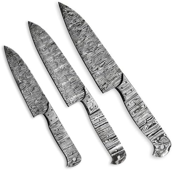 Custom 3Pcs Set Of Chef Knife - Kitchen Knife Hand Forged Hammered Damascus Steel Blank Blade Handmade Knife Making Supply (Damascus Bolster)