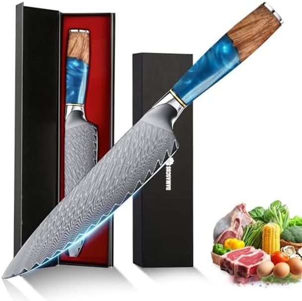 8" Chef'S Knife Japanese Damascus Chefs Knife 67 Layers High Carbon Vg10 Steel Core With Resin & Burl Ergonomic Handle Box 8" Chef'S Knife Japanese Damascus Chefs Knife 67 Layers High Carbon Vg10 Steel Core With Resin & Burl Ergonomic Handle Box