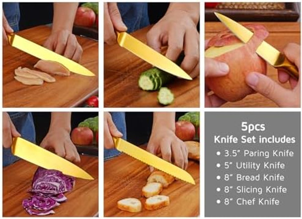 Kitchen Knife Set7 Pieces Stainless Steel Kitchen Knife Set With Clear Acrylic Block And Sharpenernon-Stick Kitchen Knife For Cutting Of Meat Vegetables And Fruits-Gold Kitchen Knife Set7 Pieces Stainless Steel Kitchen Knife Set With Clear Acrylic Block And Sharpenernon-Stick Kitchen Knife For Cutting Of Meat Vegetables And Fruits-Gold