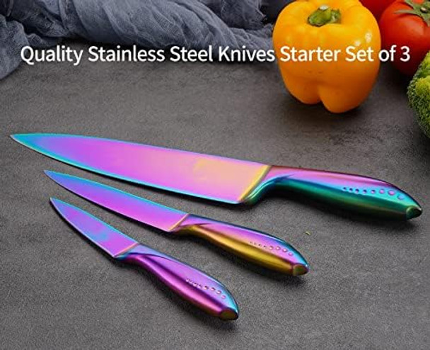 Rainbow Kitchen Knife Set 3 Piece Razor Sharp German Stainless Steel Blade With 8 In Chef 5 In Utility 3.5 In Paring – Starter Set With Box
