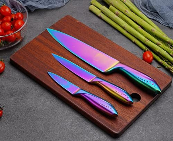 Rainbow Kitchen Knife Set 3 Piece Razor Sharp German Stainless Steel Blade With 8 In Chef 5 In Utility 3.5 In Paring – Starter Set With Box
