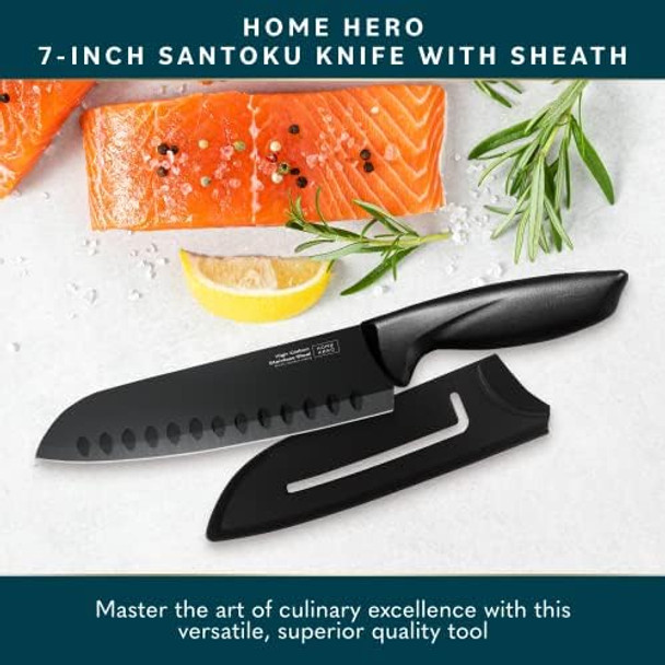 Home Hero 2 Pcs Santoku Knife With Sheath - High Carbon Stainless Steel Chopping Knife With Ergonomic Handle - Razor-Sharp Multi-Purpose Kitchen Knife For Chopping Vegetable And Cooking (Black)
