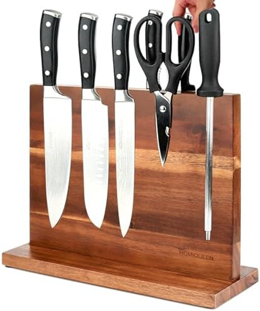 Magnetic Knife Block Double Sided Magnetic Knife Holder Rack With Strong Enhanced Magnets Acacia Wood Magnetic Knife Storage Stand With Stainless Steel Finger Protector