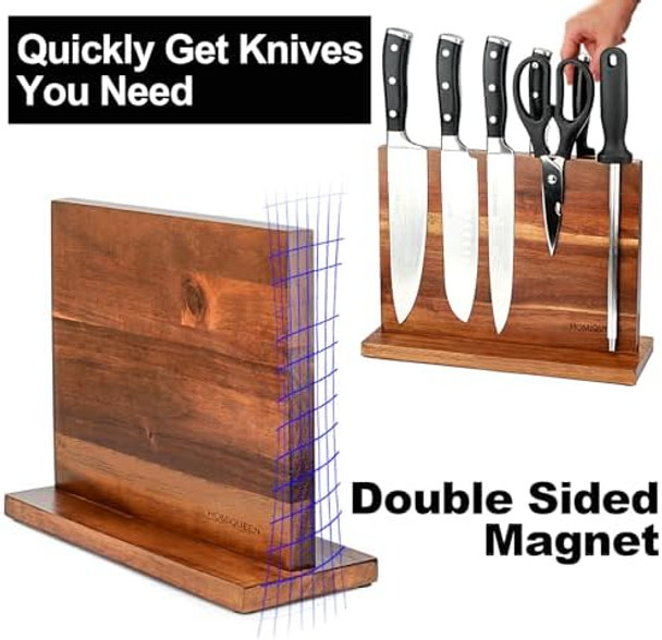 Magnetic Knife Block Double Sided Magnetic Knife Holder Rack With Strong Enhanced Magnets Acacia Wood Magnetic Knife Storage Stand With Stainless Steel Finger Protector