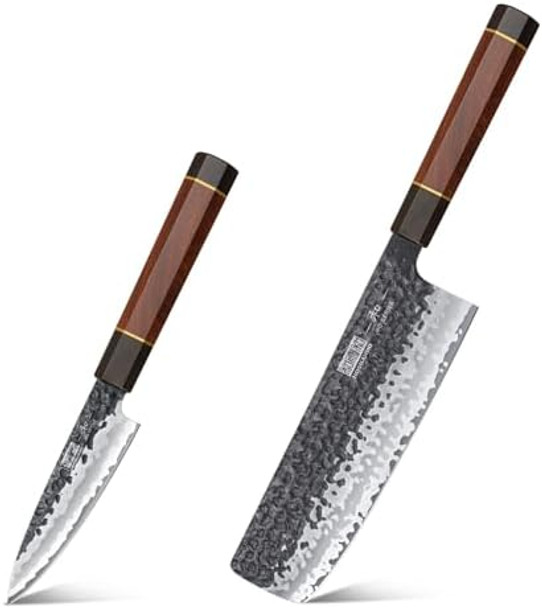 Paring Knife 3.75 Inch Peeling Knife Razor Sharp Japanese Vg10 Steel Core Small Kitchen Knife & 7 Inch Nakiri Knife Japanese Hand Forged Vg-10 Asian Chopping Chef Knife