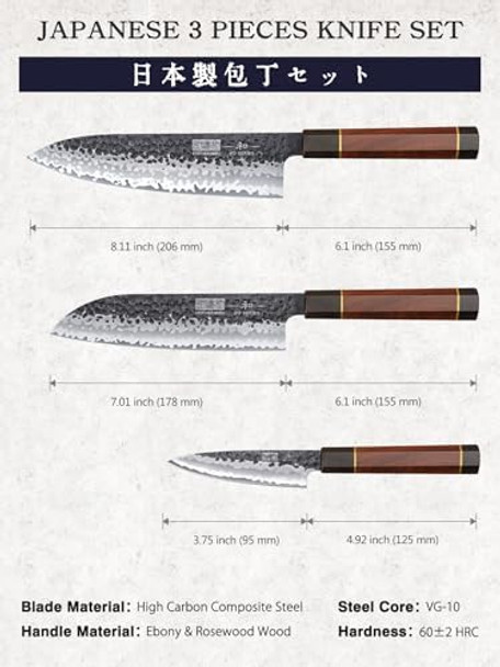 3 Pieces Knife Set Professional Vg-10 Super Steel Kitchen Knives Set & 9 Inch Kiritsuke Chef Knife Japanese Hand Forged 7 Layers Vg-10 Steel Kitchen Knife