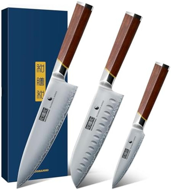 3 Pieces Knife Set Ultra-Sharp Japanese Super Steel Kithen Knives Set Professional Chef Knife Set With Ergonomic Wooden Handle & Box