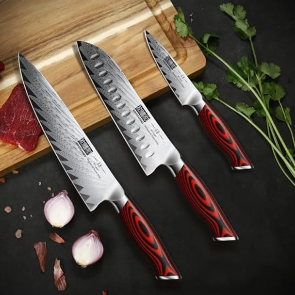 3 Pieces Damascus Kitchen Knife Set Ultra-Sharp Knives Set Professional Chef Knife Set With G10 Ergonomic Handle Box