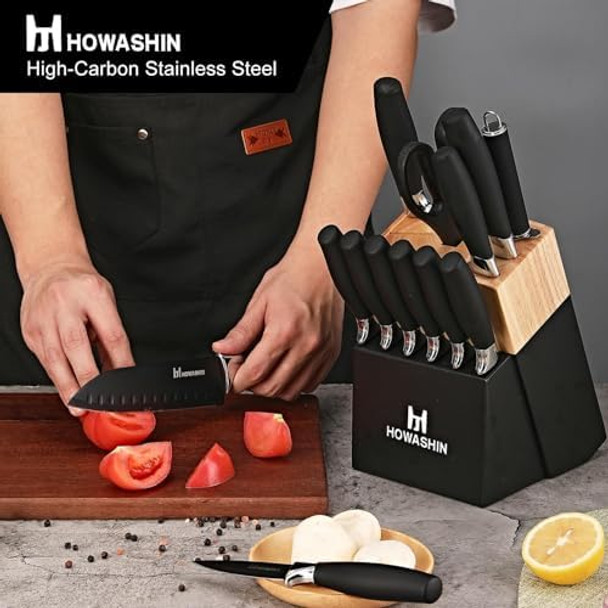 Knife Set With Block - Howashin 14 Pieces Green Knife Set Dishwasher Safe - Anti-Slip Handle - German Stainless Steel Knife Block Set With Box