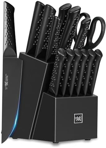 Knife Sets For Kitchen With Block 15 Piece Knife Set With Built-In Sharpener Dishwasher Safe German Stainless Steel Black
